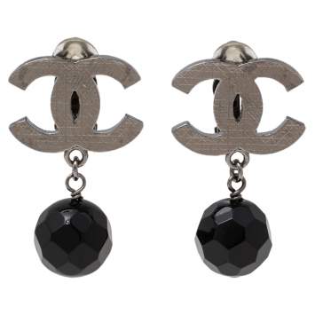 Pre Owned Chanel CC Black Bead Drop Earrings