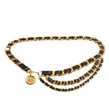 Pre Owned Chanel Vintage Black Leather Rue Cambon Medallion Chain Belt 