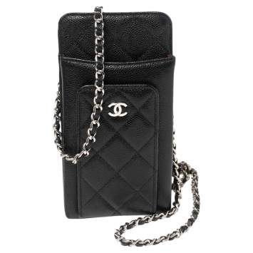 Pre Owned Chanel Black Quilted Caviar Leather Phone Holder Crossbody Bag