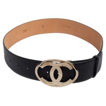 Pre Owned Chanel Black Leather CC Belt Size 80 CM
