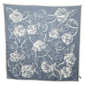 Pre Owned Chanel Blue Camellia Print Silk Square Scarf