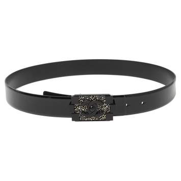 Pre Owned Chanel Black Patent Leather CC Resin Crystal Buckle Belt 80 CM