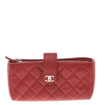 Pre Owned Chanel Red Quilted Leather CC Phone Holder Pouch