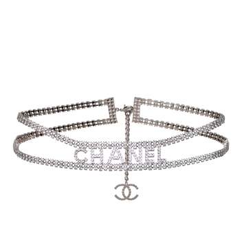 Pre Owned Chanel Silver Tone Crystal Logo Chain Belt