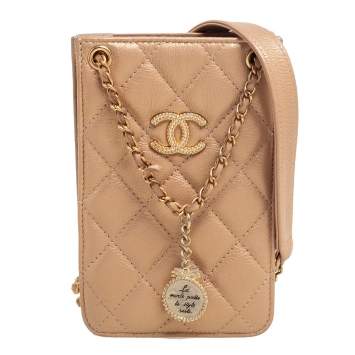 Pre Owned Chanel Metallic Beige Quilted Leather Crossbody Phone Holder