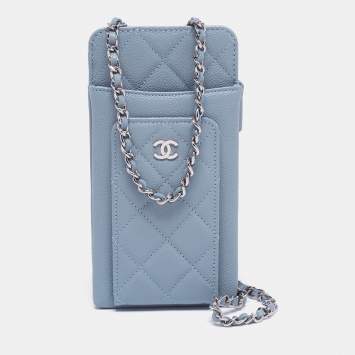 Pre Owned Chanel Blue Quilted Caviar Leather Phone Holder Crossbody Bag