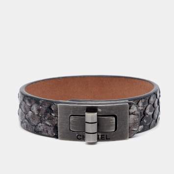 Pre Owned Chanel Grey Metallic Snakeskin Leather Bracelet