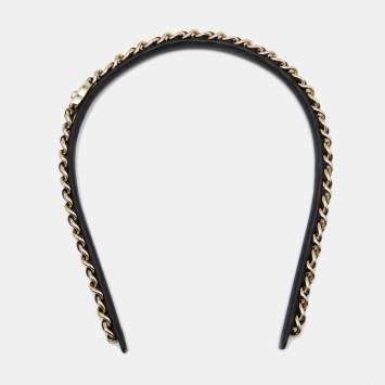 Pre Owned Chanel Black Leather Turnlock Chain Link Headband