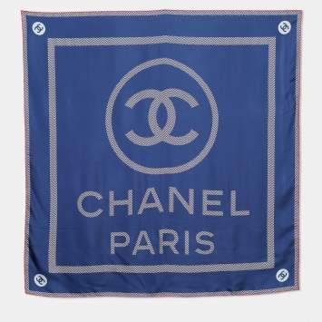 Pre Owned Chanel Navy Blue CC Logo Print Silk Scarf