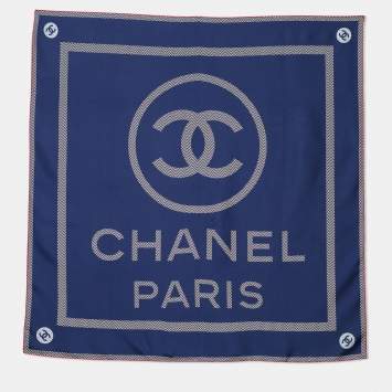 Pre Owned Chanel Navy Blue CC Logo Print Silk Scarf