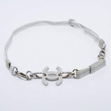 Pre Owned Chanel Grey/White Nylon CC Logo Buckle Belt 