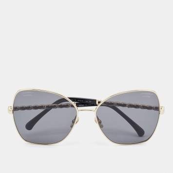 Pre Owned Chanel Gold Tone/Grey CC Leather Chain 4274 Butterfly Sunglasses