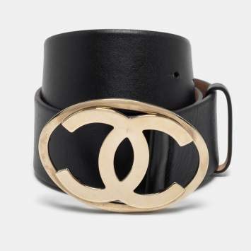 Pre Owned Chanel Black Leather CC Logo Buckle Wide Belt 75CM