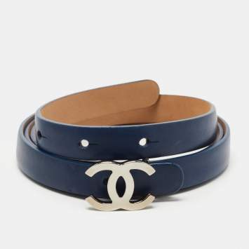 Pre Owned Chanel Blue Leather CC Slim Belt 90CM