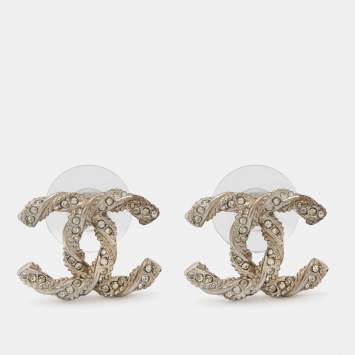 Pre Owned Chanel Silver Tone Crystal CC Twist Earrings