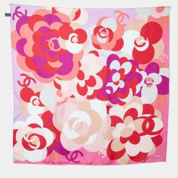 Pre Owned Chanel Pink Floral Interlocking CC Printed Silk Square Scarf