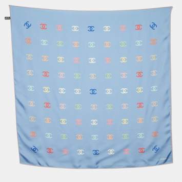 Pre Owned Chanel Light Blue CC Printed Silk Square Scarf