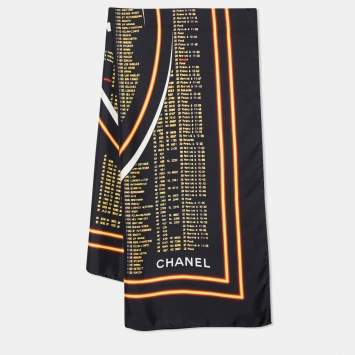 Pre Owned Chanel Black Departures Board Printed Silk Square Scarf