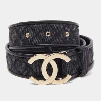 Pre Owned Chanel Black Quilted Denim and Leather CC Buckle Belt 75CM