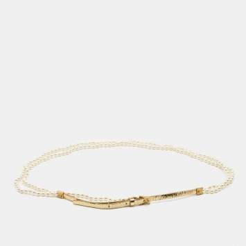 Pre Owned Chanel Gold Foil Leather And Faux Pearl Double Wrap Waist Belt