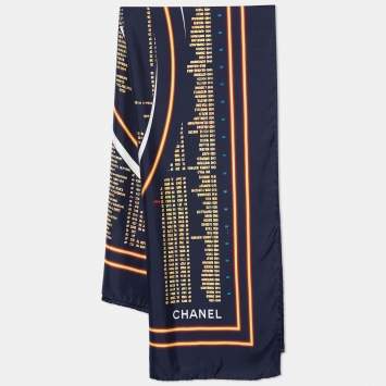Pre Owned Chanel Black Departures Board Printed Silk Square Scarf