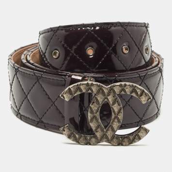 Pre Owned Chanel Black Quilted Patent Leather CC Buckle Belt 95CM