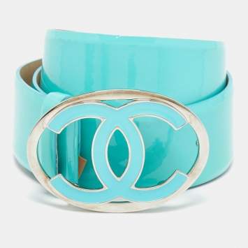 Pre Owned Chanel Aqua Blue Patent Leather CC Logo Buckle Wide Belt 85 CM