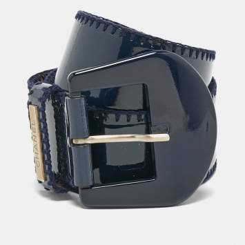 Pre Owned Chanel Navy Blue Patent Leather Buckle Belt 85CM