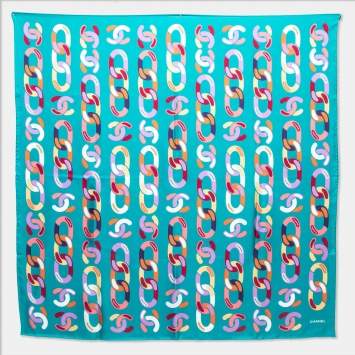 Pre Owned Chanel Green CC Chain Link Print Silk Square Scarf