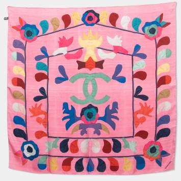 Pre Owned Chanel Pink Watercolor Logo Printed Silk Square Scarf