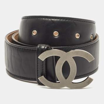 Pre Owned Chanel Black Leather CC Charm Waist Belt 65CM
