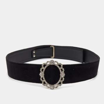 Pre Owned Chanel Black Velvet and Leather Crystals Round Buckle Waist Belt 90CM