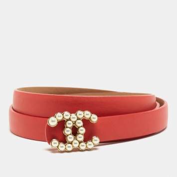 Pre Owned Chanel Coral Orange Leather CC Pearl Detail Belt 85CM