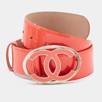 Pre Owned Chanel Orange Patent Leather CC Plaque Buckle Belt 75CM
