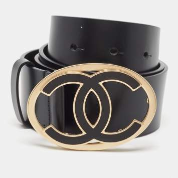Pre Owned Chanel Black Leather CC Buckle Belt 80CM 