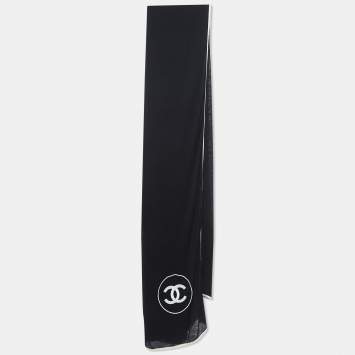 Pre Owned Chanel Black CC Logo Embroidered Cashmere and Silk Knit Scarf