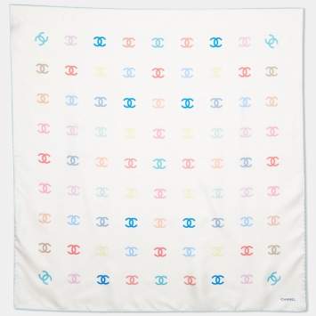 Pre Owned Chanel Cream All-over CC Print Silk Square Scarf
