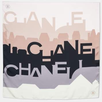 Pre Owned Chanel Multicolor Structural Logo Print Silk Square Scarf
