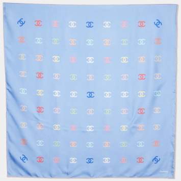 Pre Owned Chanel Light Blue All-over CC Print Silk Square Scarf
