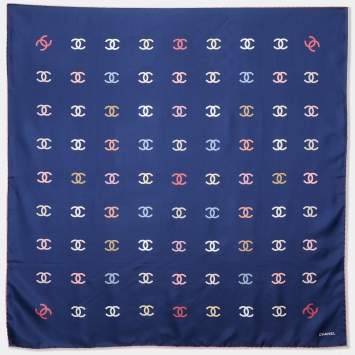 Pre Owned Chanel Navy Blue All-over CC Print Silk Square Scarf