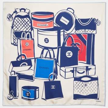 Pre Owned Chanel Cream Luggage Print Silk Square Scarf
