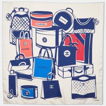 Pre Owned Chanel Cream Luggage Print Silk Square Scarf