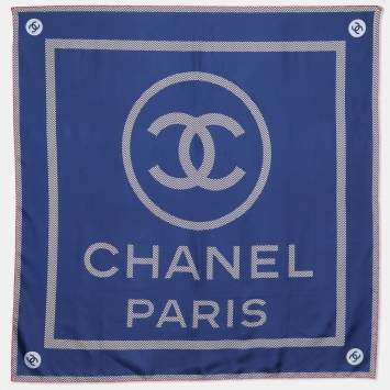 Pre Owned Chanel Navy Blue Zigzag Logo Print Silk Square Scarf