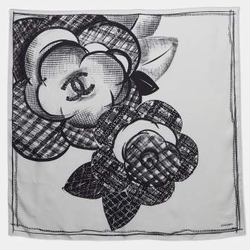 Pre Owned Chanel White Camellia Flower Print Silk Square Scarf