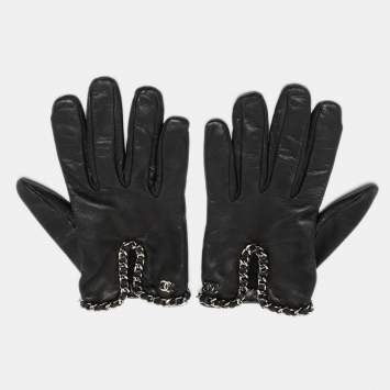 Pre Owned Chanel Black Leather Chain CC Gloves Size 8.5