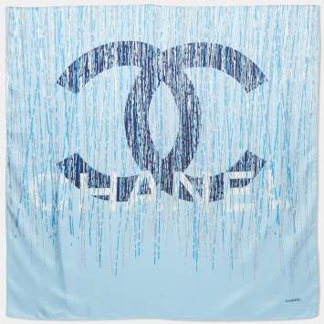 Pre Owned Chanel Blue CC Logo Print Silk Square Scarf 