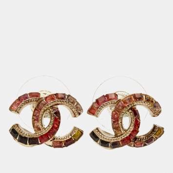 Pre Owned Chanel  CC Crystal Gold Tone Earrings