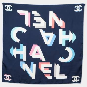 Pre Owned Chanel Navy Blue Logo Print Silk Scarf