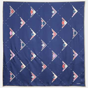 Pre Owned Chanel Navy Blue Geometric Logo Print Silk Scarf