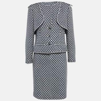 Pre Owned Chanel Navy Blue Patterned Tweed Blazer & Skirt Set L